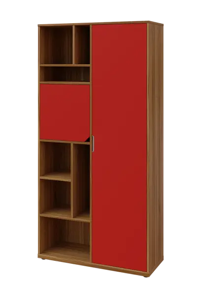 KSR6-83 P skříň šatní, 1x výsuvné ramínko, dvířka, niky, 2053x1022x400 mm, provedení pravé, ořech světlý/červená